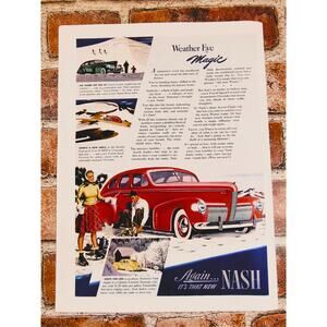 1940 Vintage Nash Red Car Print‎ Ad with Couple Ice Skating on Pond 21.25mpg